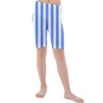 Vertical Stripes - White and Cornflower Blue Kid s Mid Length Swim Shorts
