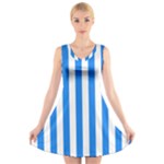 Vertical Stripes - White and Dodger Blue V-Neck Sleeveless Dress