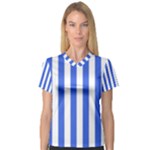Vertical Stripes - White and Royal Blue Women s V-Neck Sport Mesh Tee