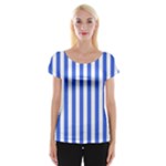 Vertical Stripes - White and Royal Blue Women s Cap Sleeve Top