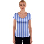 Vertical Stripes - White and Royal Blue Women s V-Neck Cap Sleeve Top
