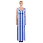 Vertical Stripes - White and Royal Blue Maxi Thigh Split Dress