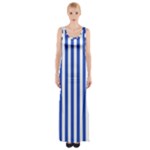 Vertical Stripes - White and Cerulean Blue Maxi Thigh Split Dress