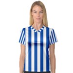 Vertical Stripes - White and Cobalt Blue Women s V-Neck Sport Mesh Tee