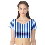 Vertical Stripes - White and Cobalt Blue Short Sleeve Crop Top (Tight Fit)