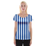 Vertical Stripes - White and Cobalt Blue Women s Cap Sleeve Top