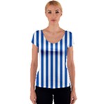 Vertical Stripes - White and Cobalt Blue Women s V-Neck Cap Sleeve Top