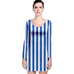 Vertical Stripes - White and Cobalt Blue Long Sleeve Velvet Bodycon Dress