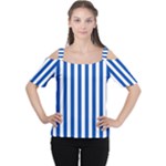 Vertical Stripes - White and Cobalt Blue Women s Cutout Shoulder Tee