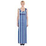 Vertical Stripes - White and Cobalt Blue Maxi Thigh Split Dress