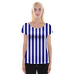 Vertical Stripes - White and Dark Blue Women s Cap Sleeve Top