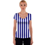 Vertical Stripes - White and Dark Blue Women s V-Neck Cap Sleeve Top