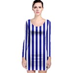 Vertical Stripes - White and Dark Blue Long Sleeve Bodycon Dress