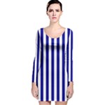 Vertical Stripes - White and Dark Blue Long Sleeve Velvet Bodycon Dress