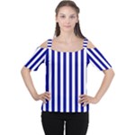 Vertical Stripes - White and Dark Blue Women s Cutout Shoulder Tee