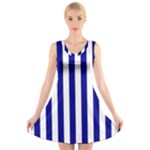 Vertical Stripes - White and Dark Blue V-Neck Sleeveless Dress
