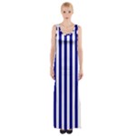Vertical Stripes - White and Dark Blue Maxi Thigh Split Dress