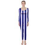 Vertical Stripes - White and Dark Blue Long Sleeve Catsuit