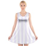 Vertical Stripes - White and Pastel Violet V-Neck Sleeveless Dress