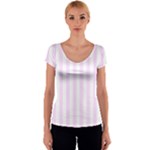Vertical Stripes - White and Pale Thistle Violet Women s V-Neck Cap Sleeve Top
