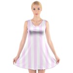 Vertical Stripes - White and Pale Thistle Violet V-Neck Sleeveless Dress