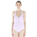 Vertical Stripes - White and Pale Thistle Violet Women s Halter One Piece Swimsuit