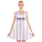 Vertical Stripes - White and Thistle Violet V-Neck Sleeveless Dress