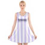 Vertical Stripes - White and Pale Lavender Violet V-Neck Sleeveless Dress