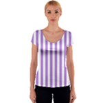 Vertical Stripes - White and Lavender Violet Women s V-Neck Cap Sleeve Top