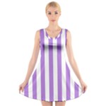 Vertical Stripes - White and Lavender Violet V-Neck Sleeveless Dress
