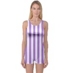 Vertical Stripes - White and Lavender Violet One Piece Boyleg Swimsuit