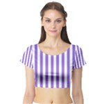 Vertical Stripes - White and Dark Pastel Purple Short Sleeve Crop Top (Tight Fit)