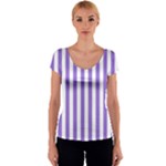 Vertical Stripes - White and Dark Pastel Purple Women s V-Neck Cap Sleeve Top