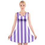 Vertical Stripes - White and Dark Pastel Purple V-Neck Sleeveless Dress