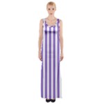 Vertical Stripes - White and Dark Pastel Purple Maxi Thigh Split Dress