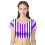 Vertical Stripes - White and Violet Short Sleeve Crop Top (Tight Fit)