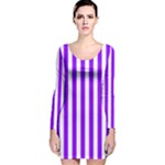 Vertical Stripes - White and Violet Long Sleeve Velvet Bodycon Dress