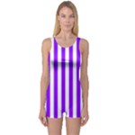Vertical Stripes - White and Violet One Piece Boyleg Swimsuit