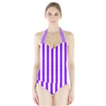 Vertical Stripes - White and Violet Women s Halter One Piece Swimsuit