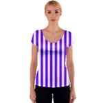 Vertical Stripes - White and Indigo Violet Women s V-Neck Cap Sleeve Top