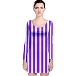 Vertical Stripes - White and Indigo Violet Long Sleeve Velvet Bodycon Dress