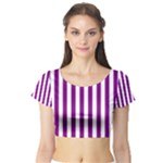 Vertical Stripes - White and Purple Violet Short Sleeve Crop Top (Tight Fit)