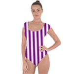 Vertical Stripes - White and Purple Violet Short Sleeve Leotard (Ladies)