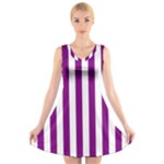 Vertical Stripes - White and Purple Violet V-Neck Sleeveless Dress