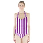 Vertical Stripes - White and Purple Violet Women s Halter One Piece Swimsuit