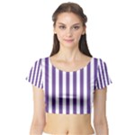 Vertical Stripes - White and Dark Lavender Violet Short Sleeve Crop Top (Tight Fit)