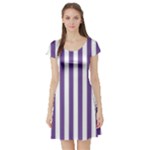 Vertical Stripes - White and Dark Lavender Violet Short Sleeve Skater Dress