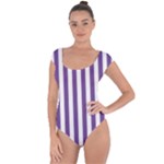 Vertical Stripes - White and Dark Lavender Violet Short Sleeve Leotard (Ladies)