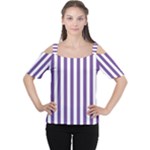 Vertical Stripes - White and Dark Lavender Violet Women s Cutout Shoulder Tee