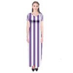 Vertical Stripes - White and Dark Lavender Violet Short Sleeve Maxi Dress